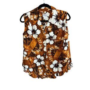Black Point Hawaiian Brown Barkcloth Hibiscus Floral Ruffle Sleeveless Top